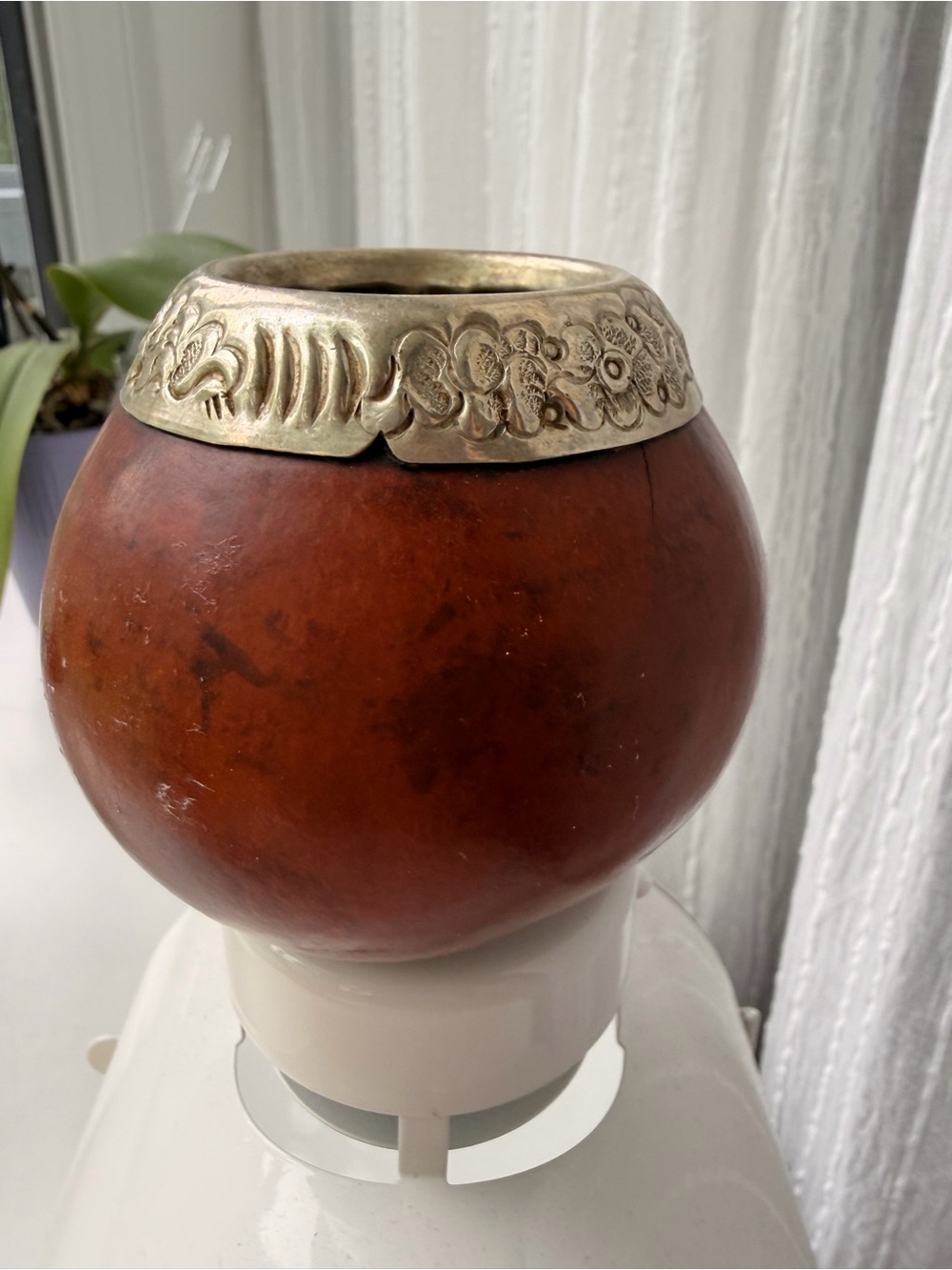 VTG Handcrafted Argentine Yerba Mate Gourd Cup Alpaca Silver Engraved Rim Boho